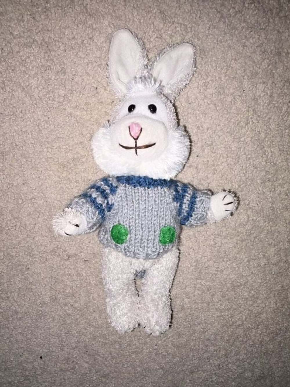 Vintage Chrisha Playful Plush Easter Bunny Rabbit Wearing Gray and Blue Sweater